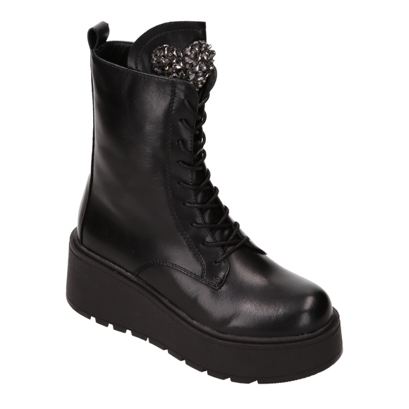 Botki zimowe damskie wysokie sznurowane z zamkiem na koturnie