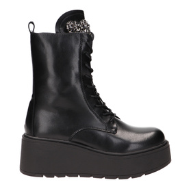 Botki zimowe damskie wysokie sznurowane z zamkiem na koturnie