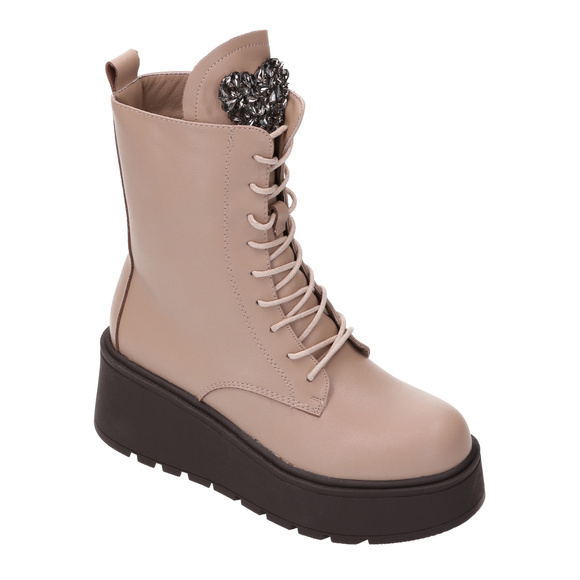 Botki zimowe damskie wysokie sznurowane z zamkiem na koturnie